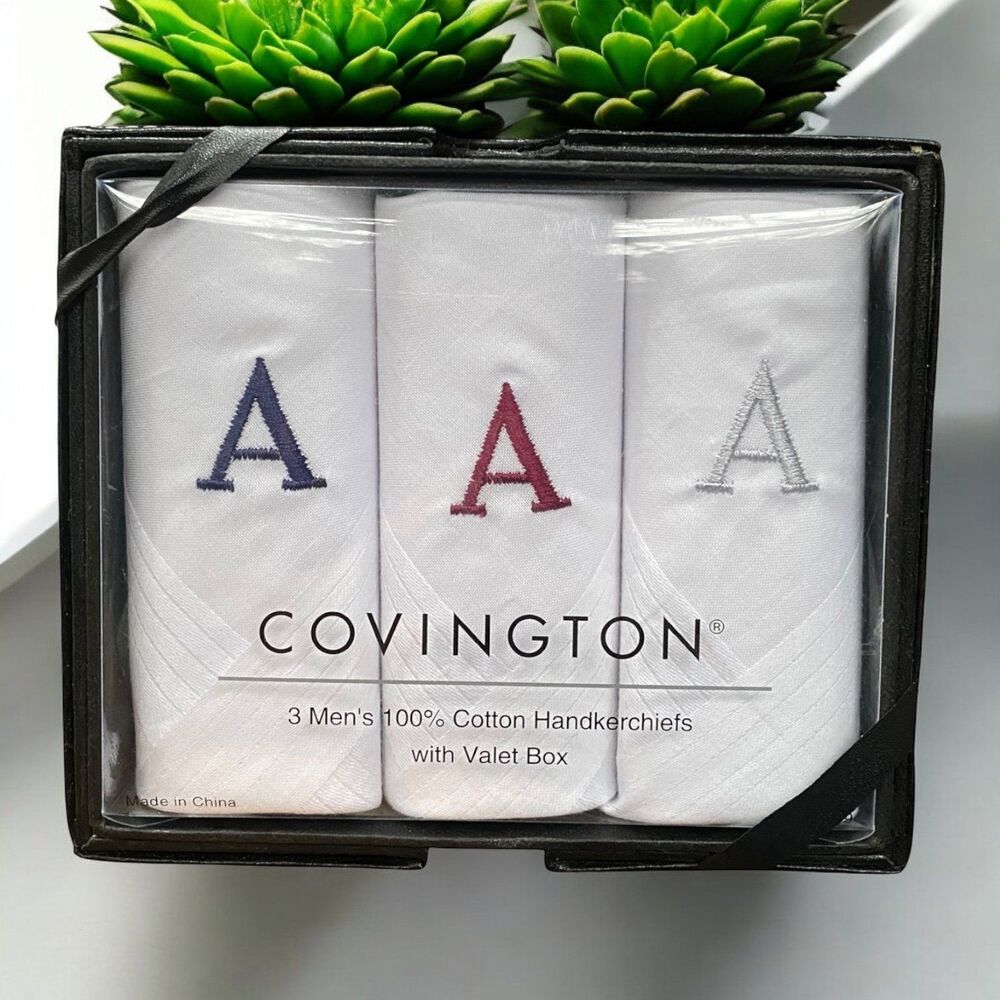 Covington 100% Cotton Valet Boxed Set of 3 Monogrammed "A” Handkerchiefs Gift